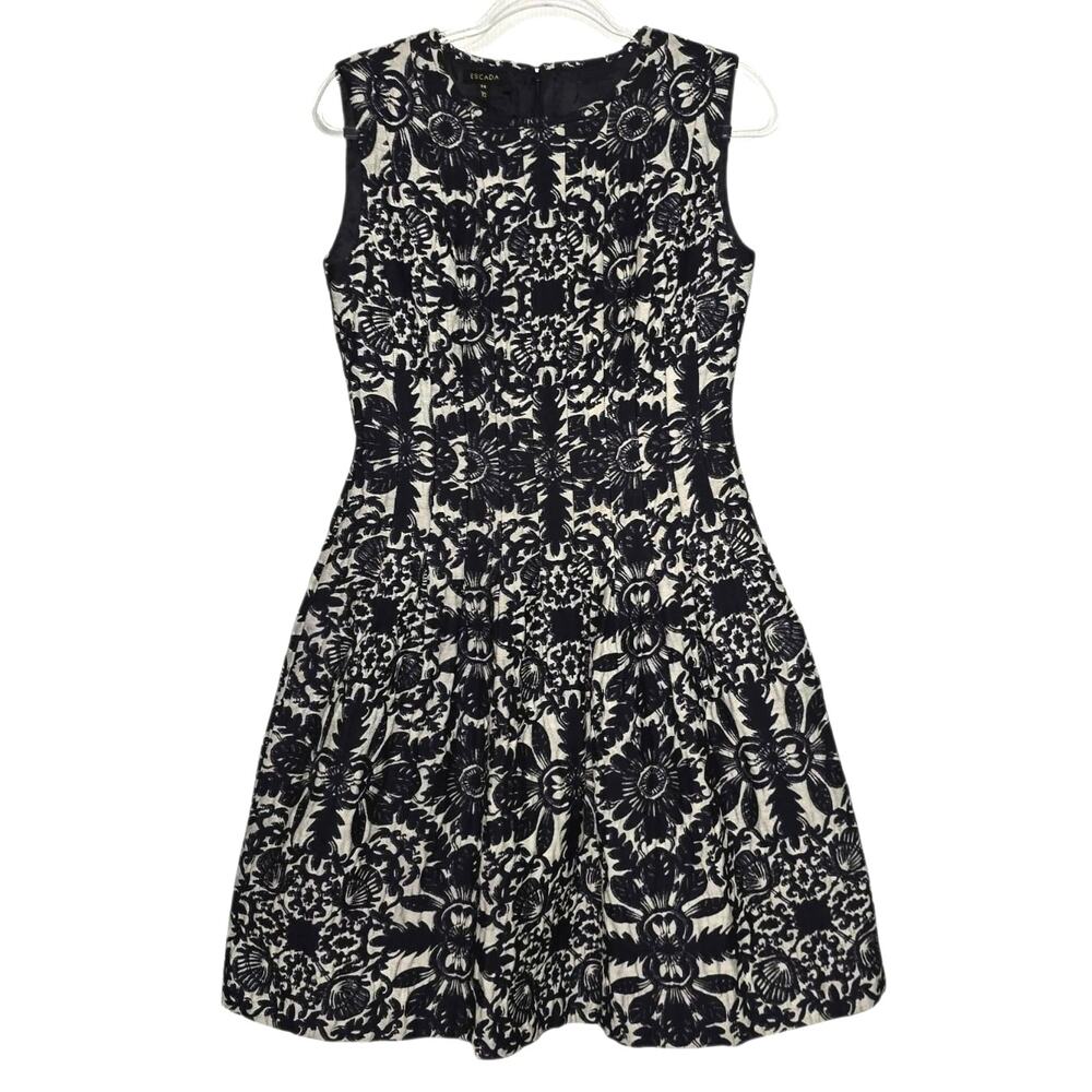 Escada Brocade Fit & Flare Sleeveless Dress Tea Length Navy White Cotton Silk 38